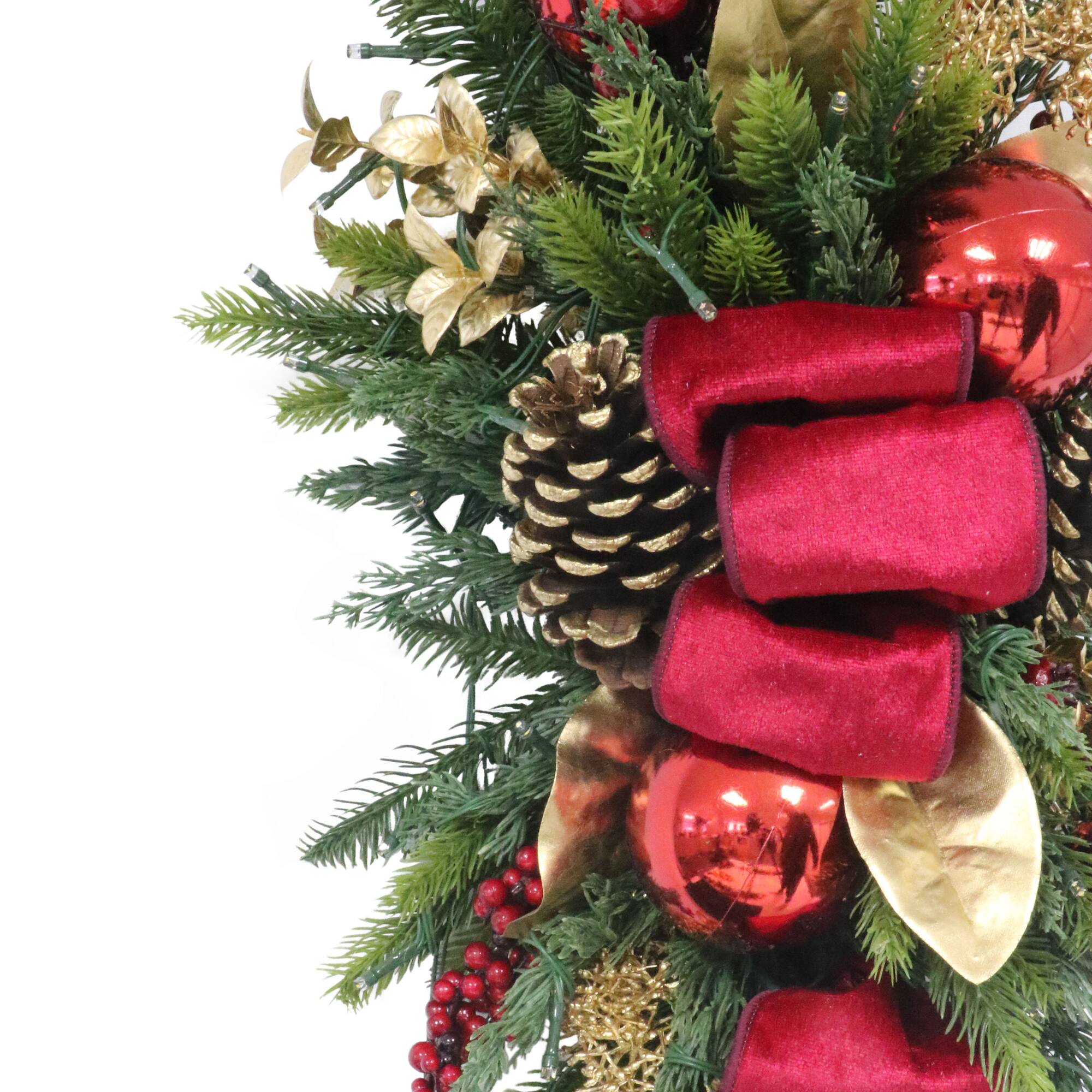 28" Pre-Lit Red & Gold Adorned Artificial Banister Swag with Pinecones & Berries